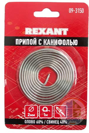 Припой с канифолью REXANT O2.0мм Спираль 1 метр (Sn60 Pb40 Flux 2.2%) блистер