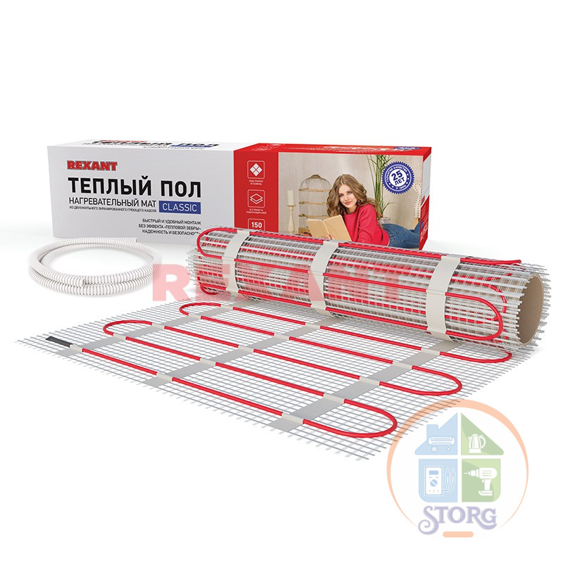 Теплый пол нагревательный мат REXANT Classic RNX-2,5-375,площадь 2,5 м2, 0,5х5,0 м, 375Вт, двухжильный с экраном