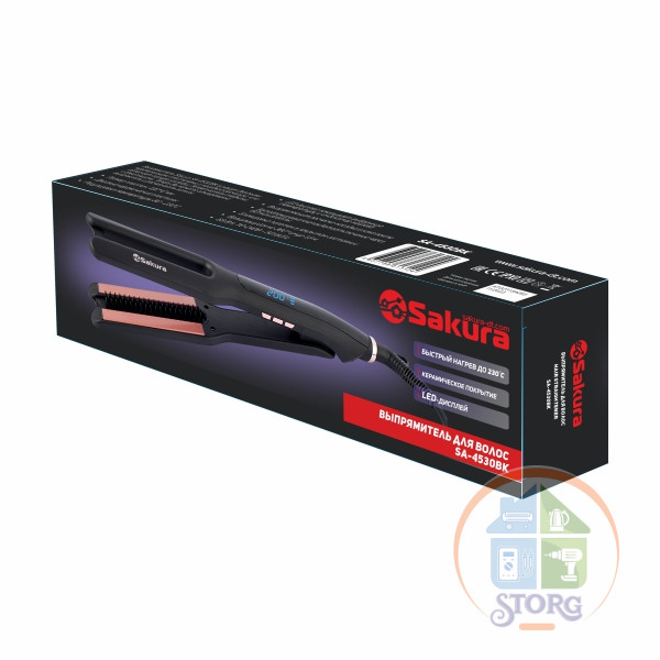 Выпрямитель для волос SAKURA SA-4530BK, черный, 68Вт, 16 темп.реж LED, расческа-насадка, керам.