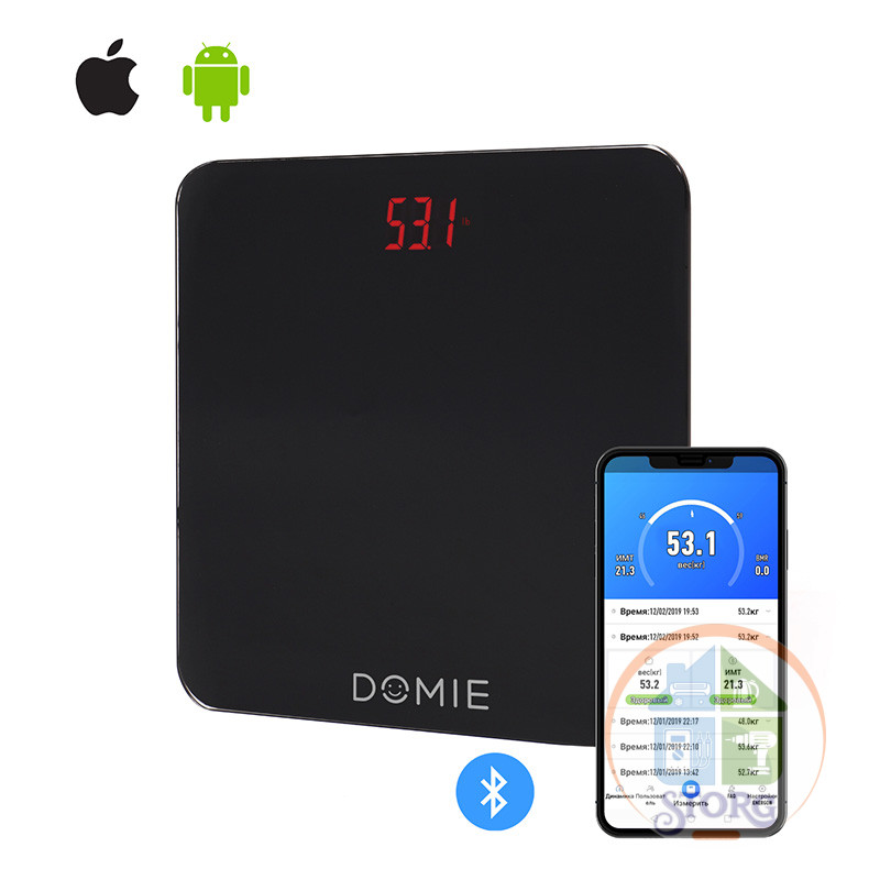 Весы напольные DOMIE с функцией Bluetooth подключения, до 180 кг, с цифровым дисплеем