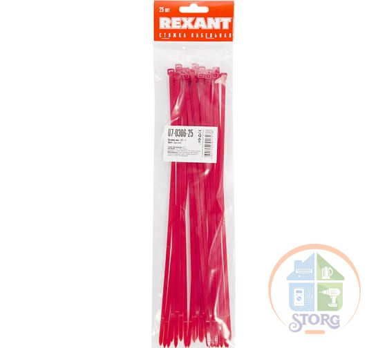 Хомут-стяжкa нейлоновая REXANT 300x4,8мм, красная (25 шт/уп)