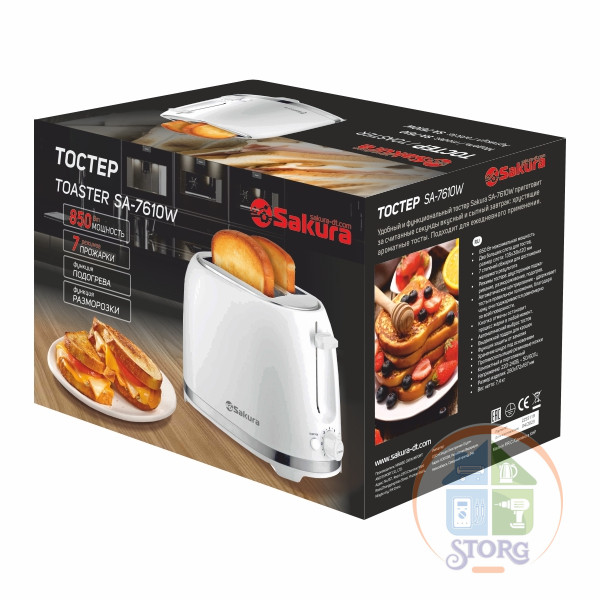 Тостер SAKURA SA-7612BK Elegant, черный, 750Вт, подогрев/разморозка, отсек для шнура