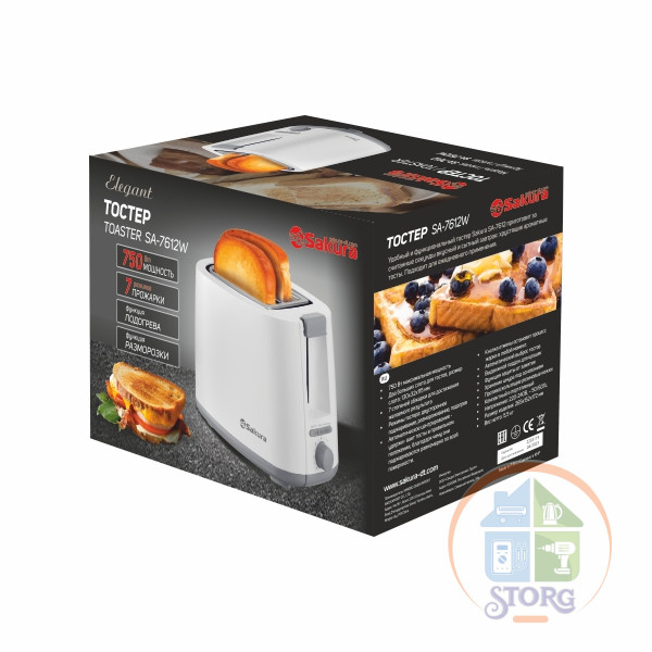 Тостер SAKURA SA-7612W Elegant, белый, 750Вт, подогрев/разморозка, 2 отделения Тостер SAKURA SA-7612W Elegant, белый, 750Вт, подогрев/разморозка, 2 отделения