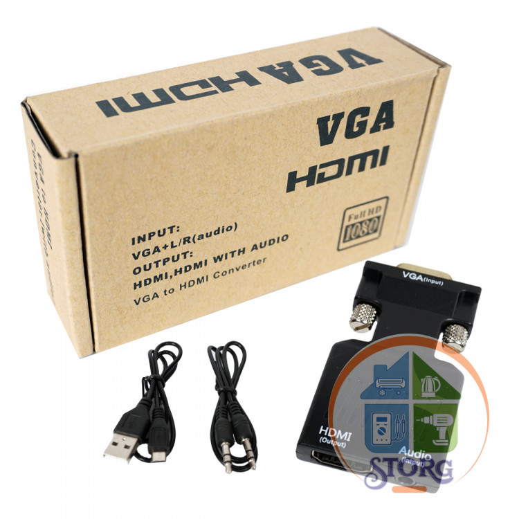 Переходник H01 VGA/HDMI с зарядкой и AUX кабелем (коричн. короб)