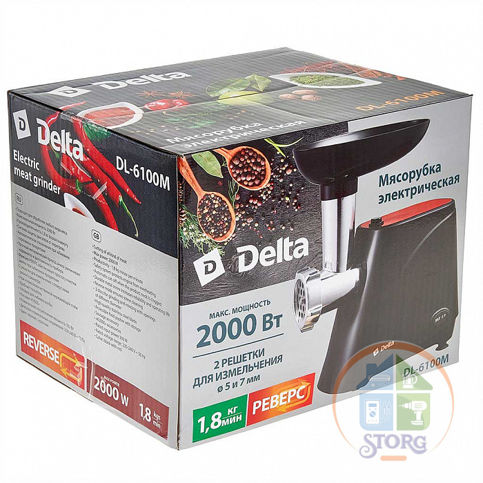 Мясорубка электрическая DELTA DL-6100M (Черный/Красн;Мощность2000Вт;Реверс; "Колбасы/кеббе")