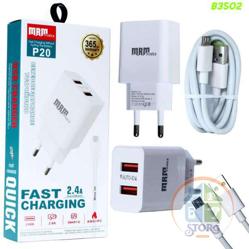 СЗУ MRM P20 5V/2,4A 2USB + Micro cable 1000mm White