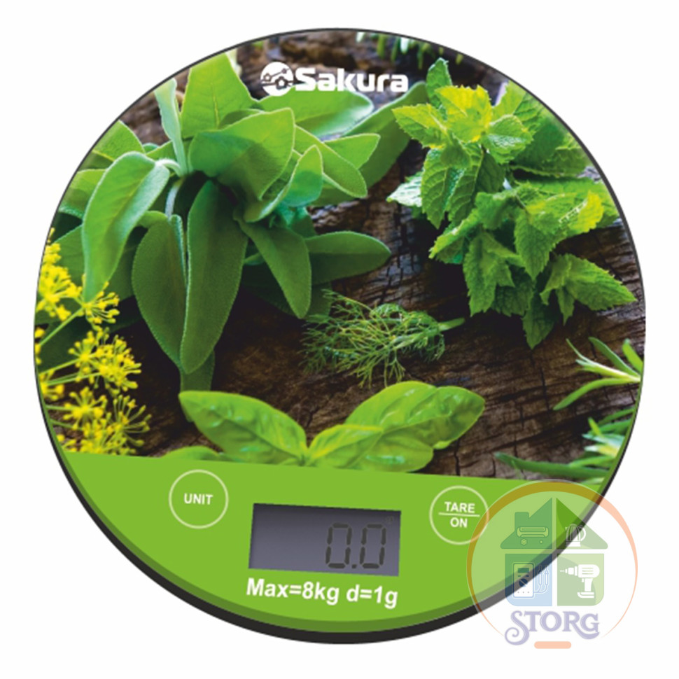 Весы кухонные SAKURA SA-6076G "Зелень", 8кг, дел 1г ,автомат.выкл, пластик