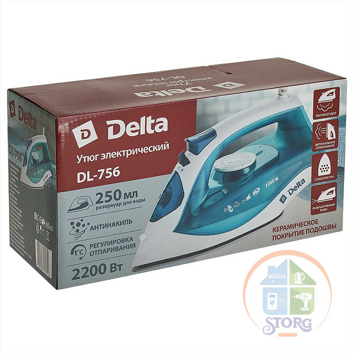 Утюг DELTA DL-756, белый с зеленым, 2200 Вт, керамика, антинакипь, самоочистка, Паровой Удар (10)