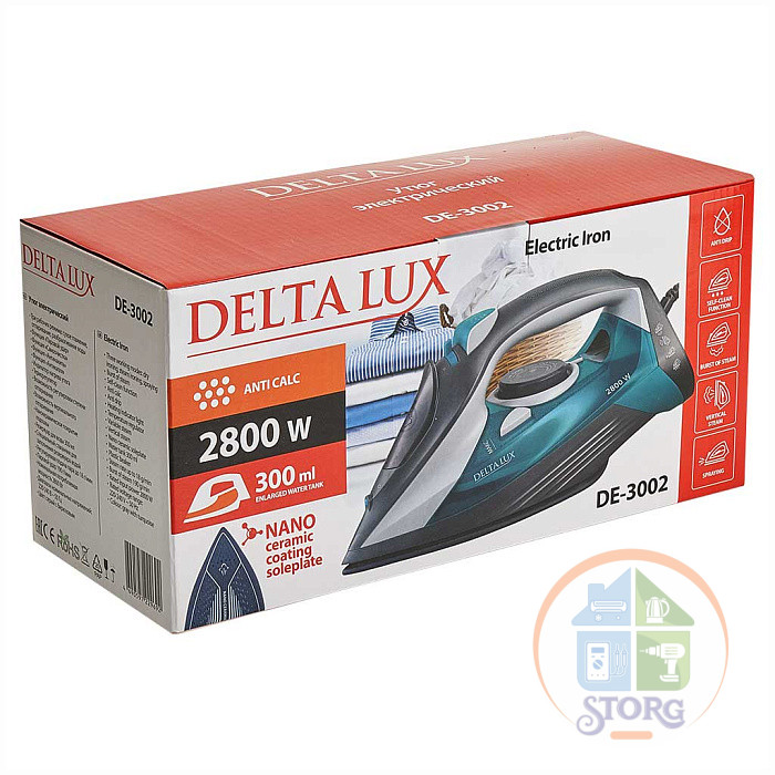 Утюг DELTA LUX DE-3002, серый с бирюзовым, 2800Вт, керамика, антикапля, антинакипь (8)
