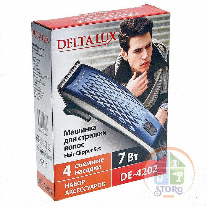 Машинка для стрижки DELTA LUX DE-4202  синий, 7 Вт, 4 съемных гребня (24)