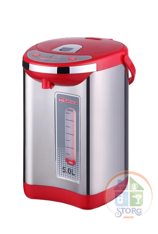 Термопот SAKURA SA-315RS (Красный/Металлик; Объем 5л; Мощность 750Вт; Насос ручной/автоматический)