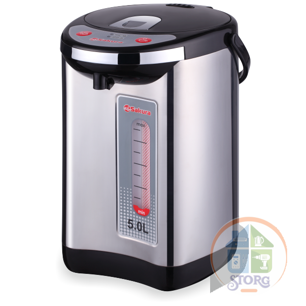 Термопот SAKURA SA-315RS (Красный/Металлик; Объем 5л; Мощность 750Вт; Насос ручной/автоматический)