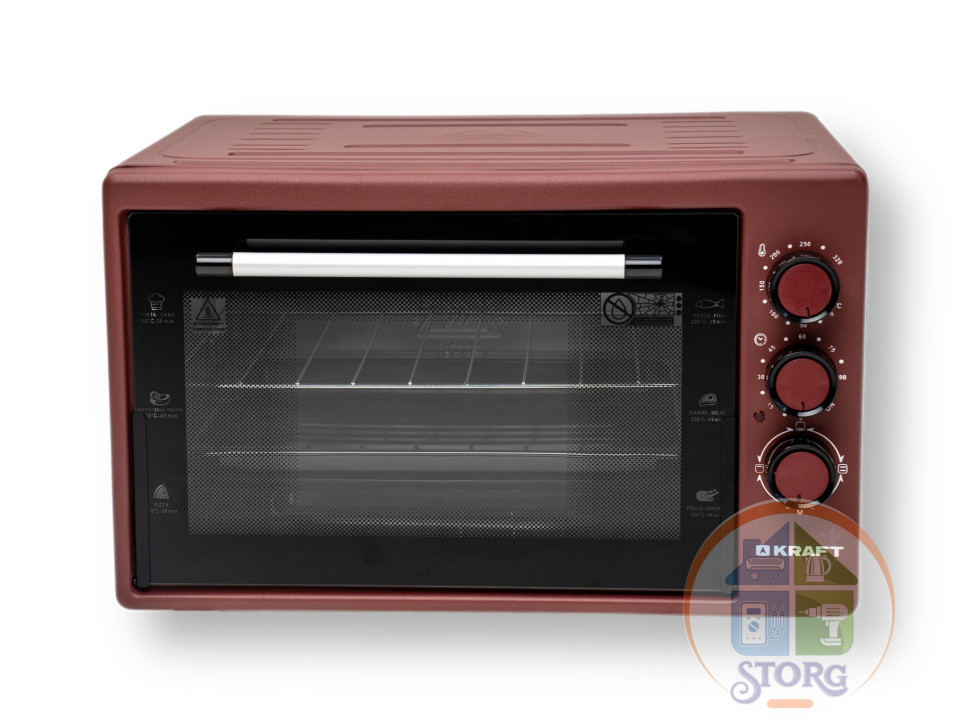 Духовой шкаф KRAFT KF-MO 3800R, красный, объем 38л, 1500Вт, 320°, таймер, противень, решетка