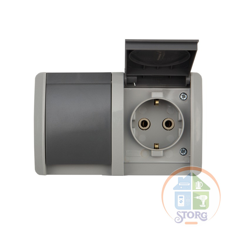 Блок горизонтальный 2 розетки (керамика) INDUSTRIAL IP54 с заземлением, о/у, серый KRANZ