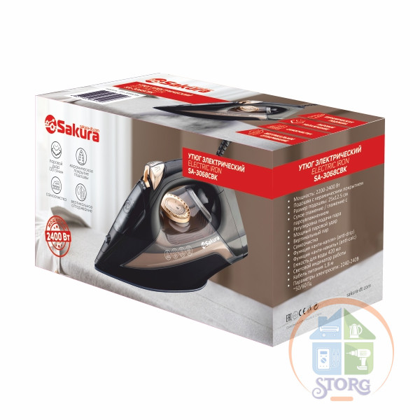 Утюг SAKURA SA-3068CBK, 2400Вт, объем резерв 420мл, керам.самоочистка
