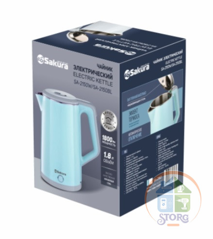 Чайник электрический SAKURA SA-2150W, белый, 1.8л, 1800Вт, эффект термоса, нерж.сталь