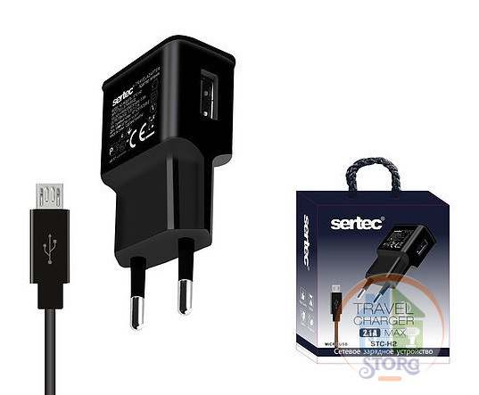 СЗУ SerteC STC-H-2 5V2,1A + каблель Type-C USB  чёрный