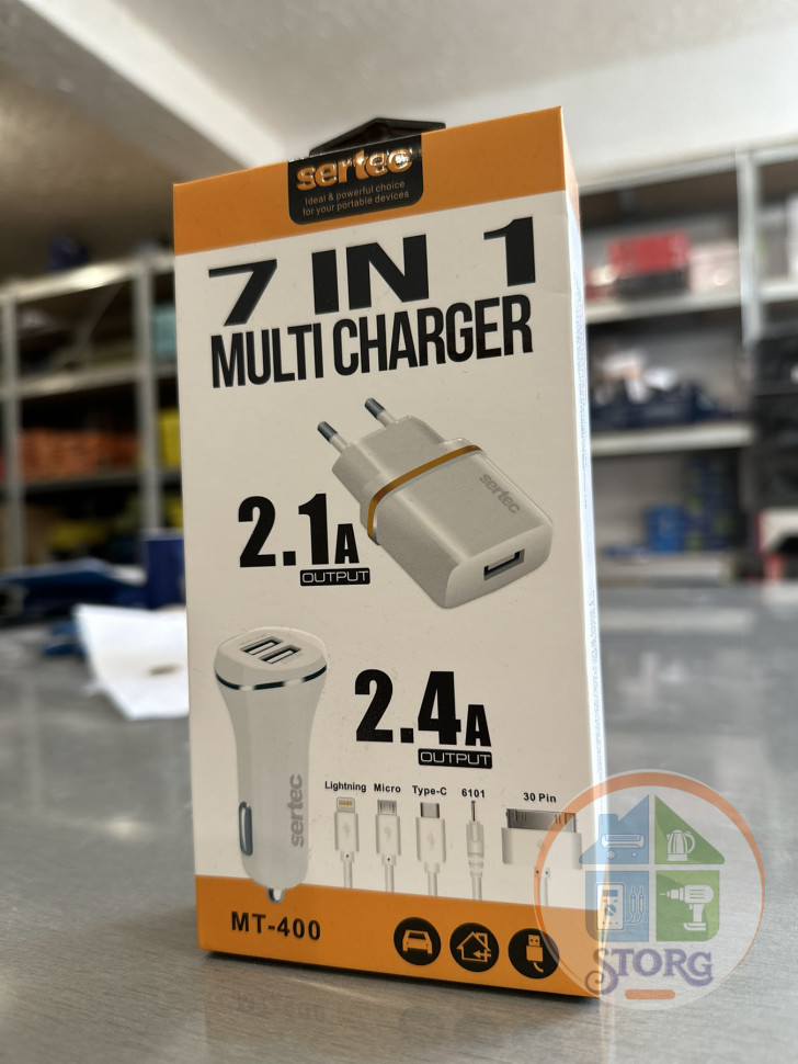 Набор СЗУ+АЗУ SerteC MT-400 7в1 5V2,4A 2USB + кабеля Lightning/Micro/Type-c/6101 Белый