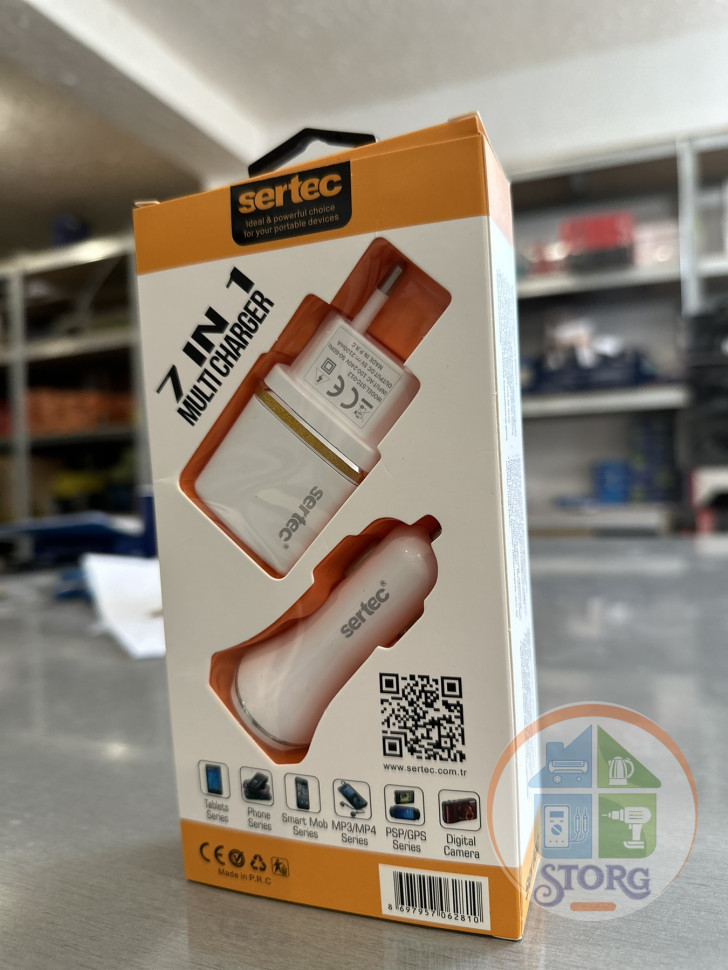 Набор СЗУ+АЗУ SerteC MT-400 7в1 5V2,4A 2USB + кабеля Lightning/Micro/Type-c/6101 Белый