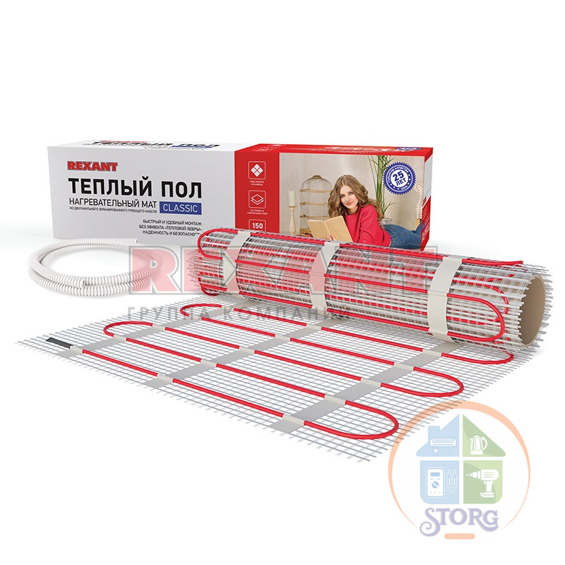Теплый пол нагревательный мат REXANT Classic RNX-1.5-225, площадь 1.5 м2, 0.5х3 м, 225 Вт, 51-0503-2