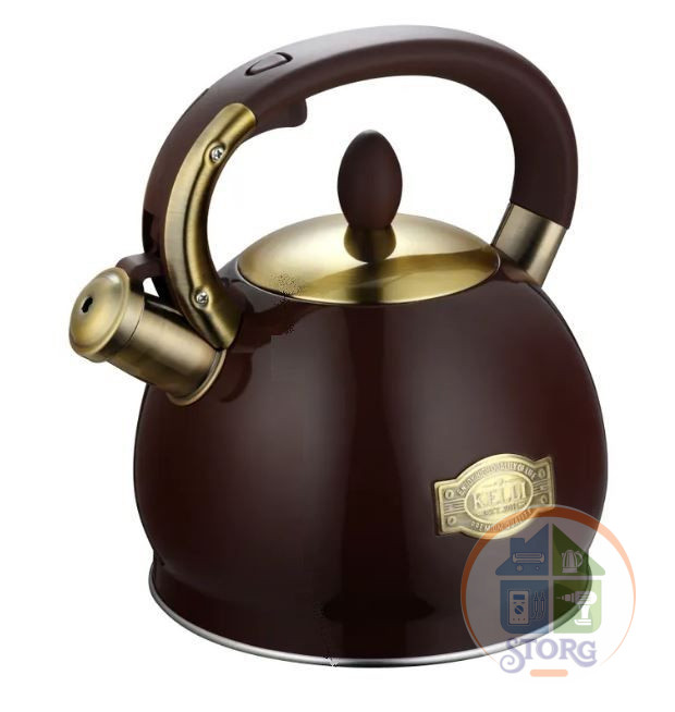 Чайник металлический на газ KELLI KL-4556 (Коричневый; Объем 3л; Со свистком; Нерж.сталь)