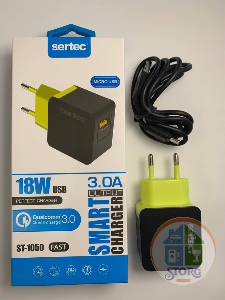 СЗУ SerteC STC-1050 5V3A QC3.0 18W + кабель MicroUSB чёрный