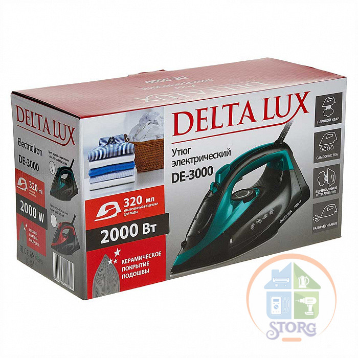 Утюг DELTA LUX DE-3000, черный с бирюзовым, 2000 Вт, КЕРАМИКА, САМООЧИСТКА, ПАРОВОЙ УДАР, 320мл (10)
