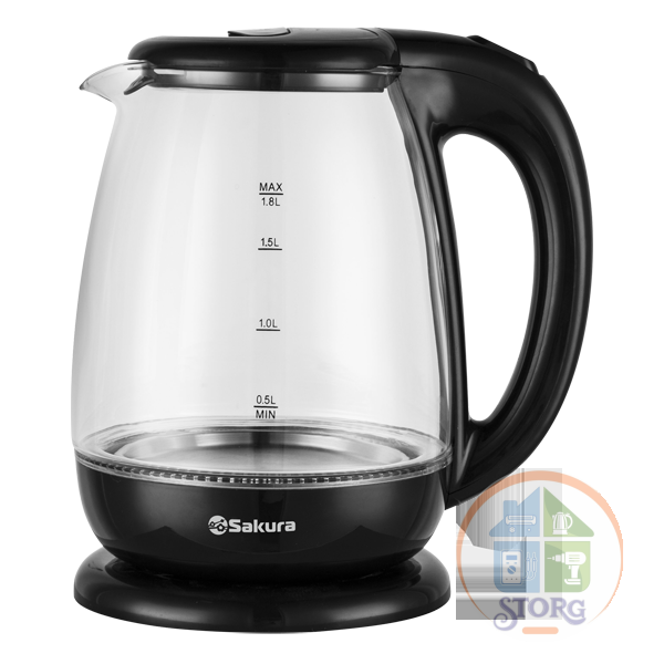 Чайник электрический SAKURA SA-2723BK, черный, 1.8л, 1800Вт, стеклянный, подсветка