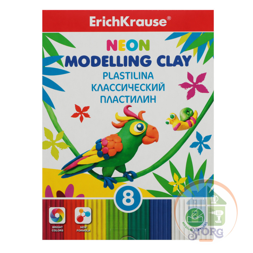Пластилин 8 штук Erich Krause, 144г., 6 ярких цветов + 2 белых, со стеком, "Неон", 53405