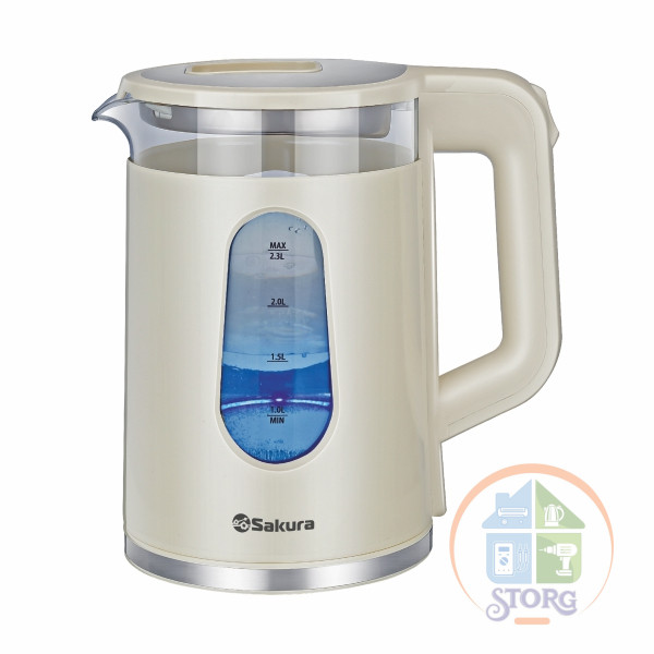 Чайник электрический SAKURA SA-2735W (Бежевый; Мощность 1800Вт; Объем 2.3л; Пластиковый; Подсветка)