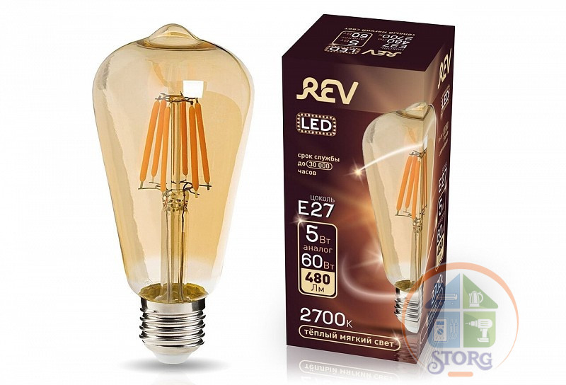 Филаментная лампа REV LED ST64 E27 5W, 2700K, PREMIUM (FILAMENT), теплый свет