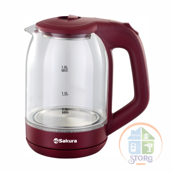 Чайник электрический SAKURA SA-2736R (Бордовый; Мощность 1800Вт; Объем 1.8л; Стеклянный; Подсветка)