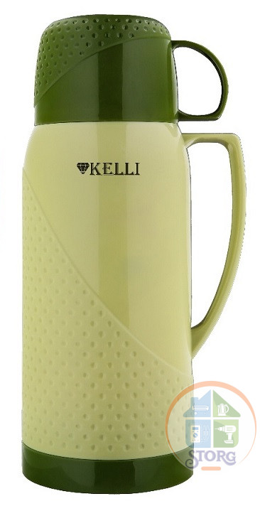 Термос KELLI KL-0969, хаки, 1.8 л, стеклянная колба, 2 чашки в комплекте