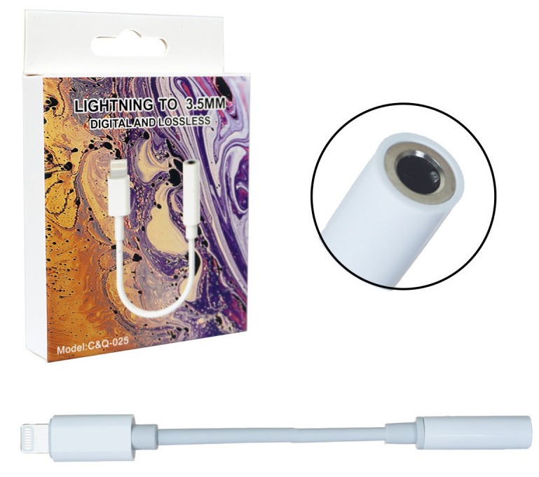 Аудио-Переходник CQ025 Lightning на Audio aux для наушников 150mm (white)  30pcs