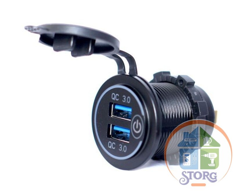 Разъем Usb в авто (врезные) 12V-24V 2USB CH05  (Круглый) QC3.0  (blue)