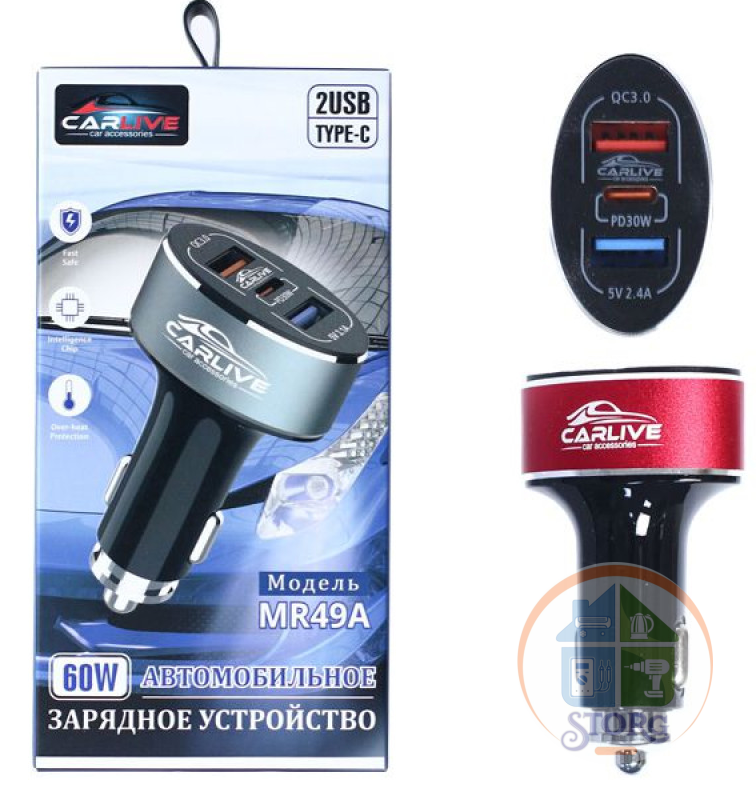 Автомобильное зарядное устройство MR49A Metal 2USB QC3.0/2.4A/PD 60W (Red)