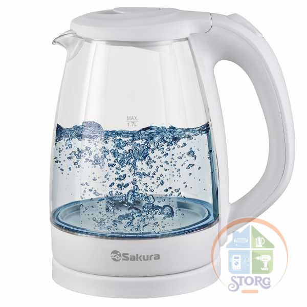Чайник электрический SAKURA SA-2733W, белый, 1.7л, стекло, LED подсветка