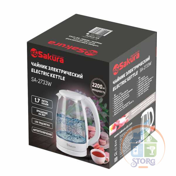 Чайник электрический SAKURA SA-2733W, белый, 1.7л, стекло, LED подсветка