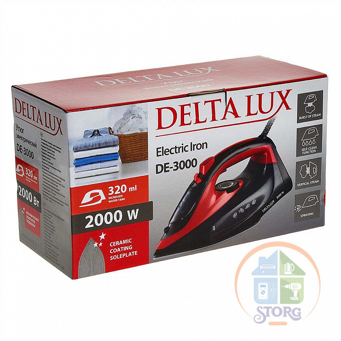 Утюг DELTA LUX DE-3000, черный с красным, 2000 Вт, КЕРАМИКА, САМООЧИСТКА,ПАРОВОЙ УДАР, 320мл(10)