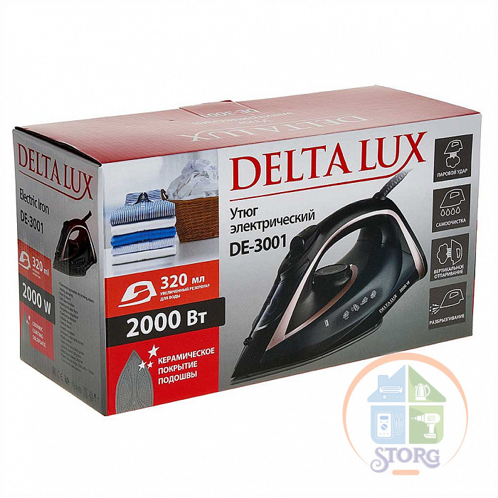 Утюг DELTA LUX DE-3001, черный с бронзовым, 2000 Вт, КЕРАМИКА, САМООЧИСТКА,ПАРОВОЙ УДАР, 320мл(10)