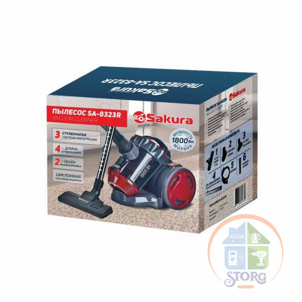 Пылесос SAKURA SA-8323R 1800Вт/350Вт, красный/серый, конт.для пыли 2л Пылесос SAKURA SA-8323R 1800Вт/350Вт, красный/серый, конт.для пыли 2л