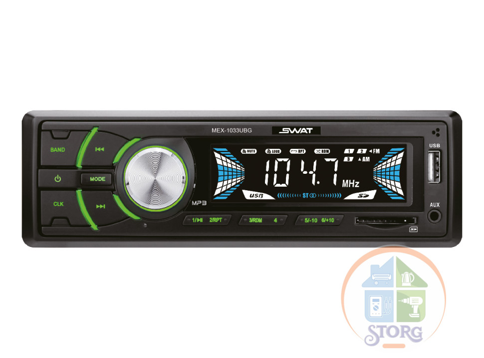 Автомагнитола SWAT  MEX-1033UBG 4х50 вт,MP3,USB,SD,2RCA  зел.кнопки, съёмная окантовка
