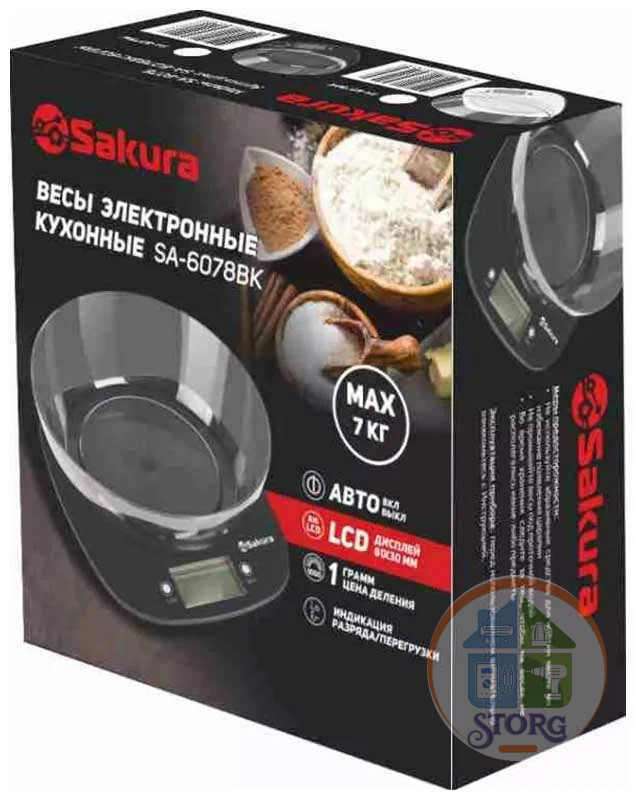 Весы кухонные с чашей SAKURA SA-6078BK, 7кг, черный, сенс.управ, питание 2х1,5В (ААА)