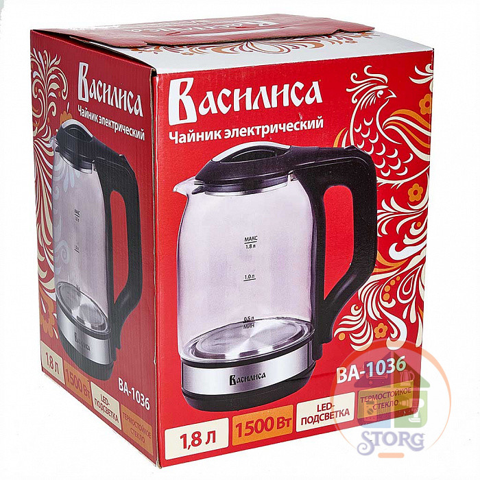 Чайник электрический ВАСИЛИСА ВА-1036 (Черный; Мощность 1500Вт; Объем 1.8л; Стеклянный; Подсветка)