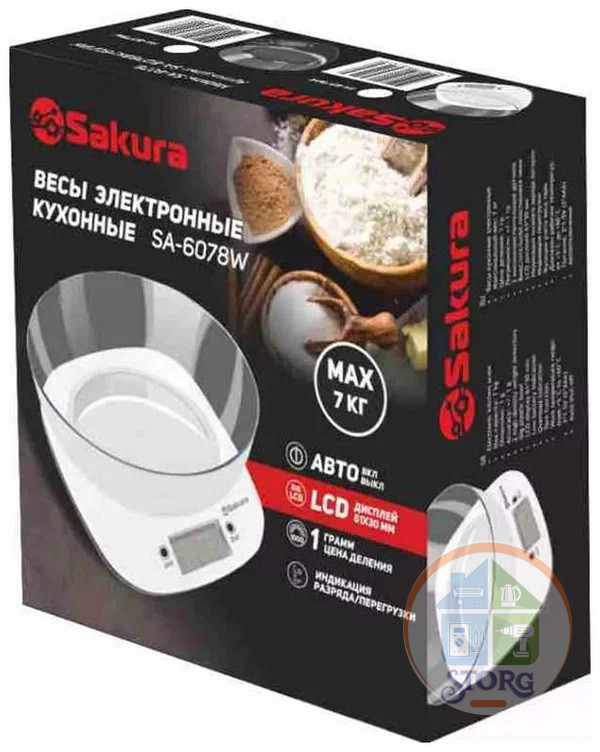Весы кухонные с чашей SAKURA SA-6078W, 7кг, белый, резиновые ножки