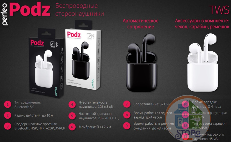 Perfeo BT TWS наушники вкладыши A.Pods2 PODZ белые автосопряжение