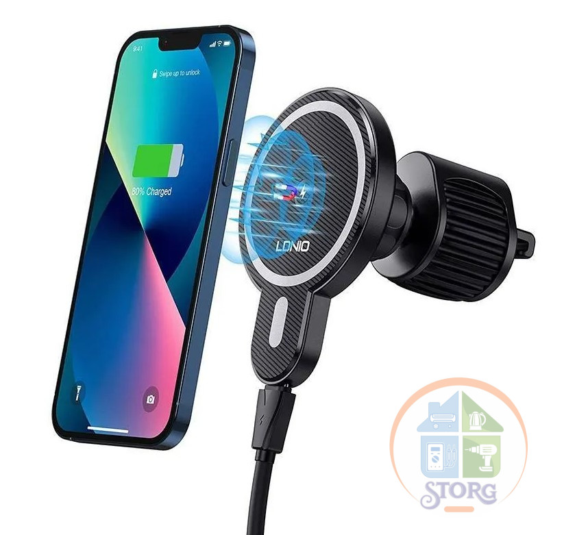 Холдер (автодержатель) LDNIO MA20 Qi + MagSafe/ Вход: 18W/ Выход: 15W/ Black с БЕСПРОВОДНОЙ ЗАРЯДКОЙ