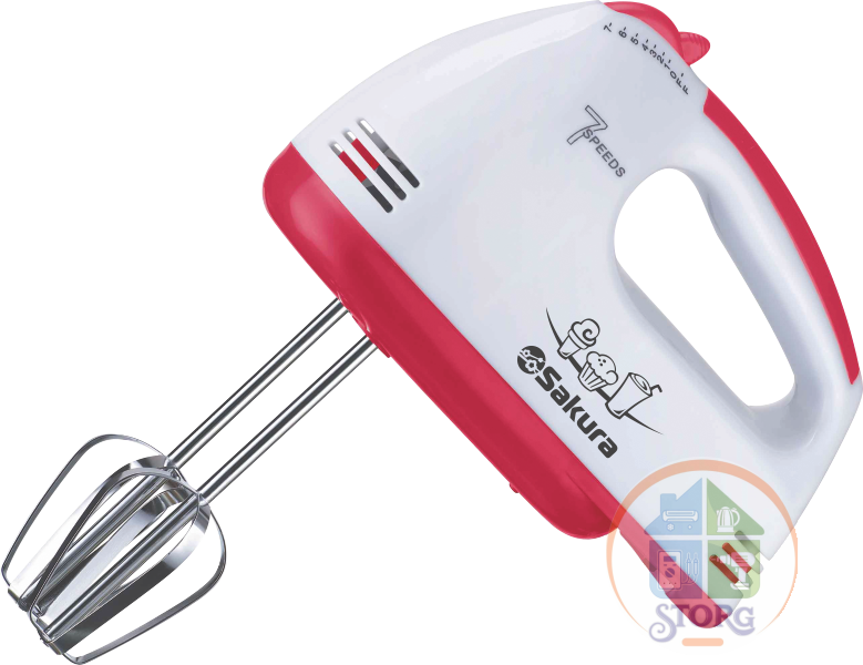 Миксер ручной SAKURA SA-6313R, белый/красный, 150Вт, 7 скоростей, пластик/нерж.сталь