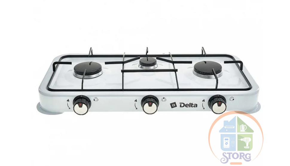 Плита газовая DELTA D-2207 (Белый; Мощность 5400Вт; Трехконфорочная; Эмалиров. рабочая поверхность)