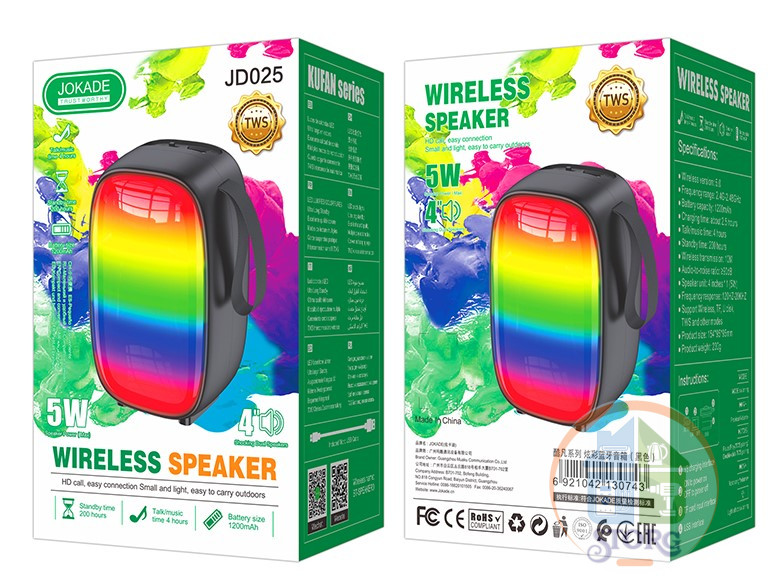 Bluetooth колонки JOKADE JD-025 (GM) TWS, USB/TF, RGB, 5W, 4" x 2, AUX, Black